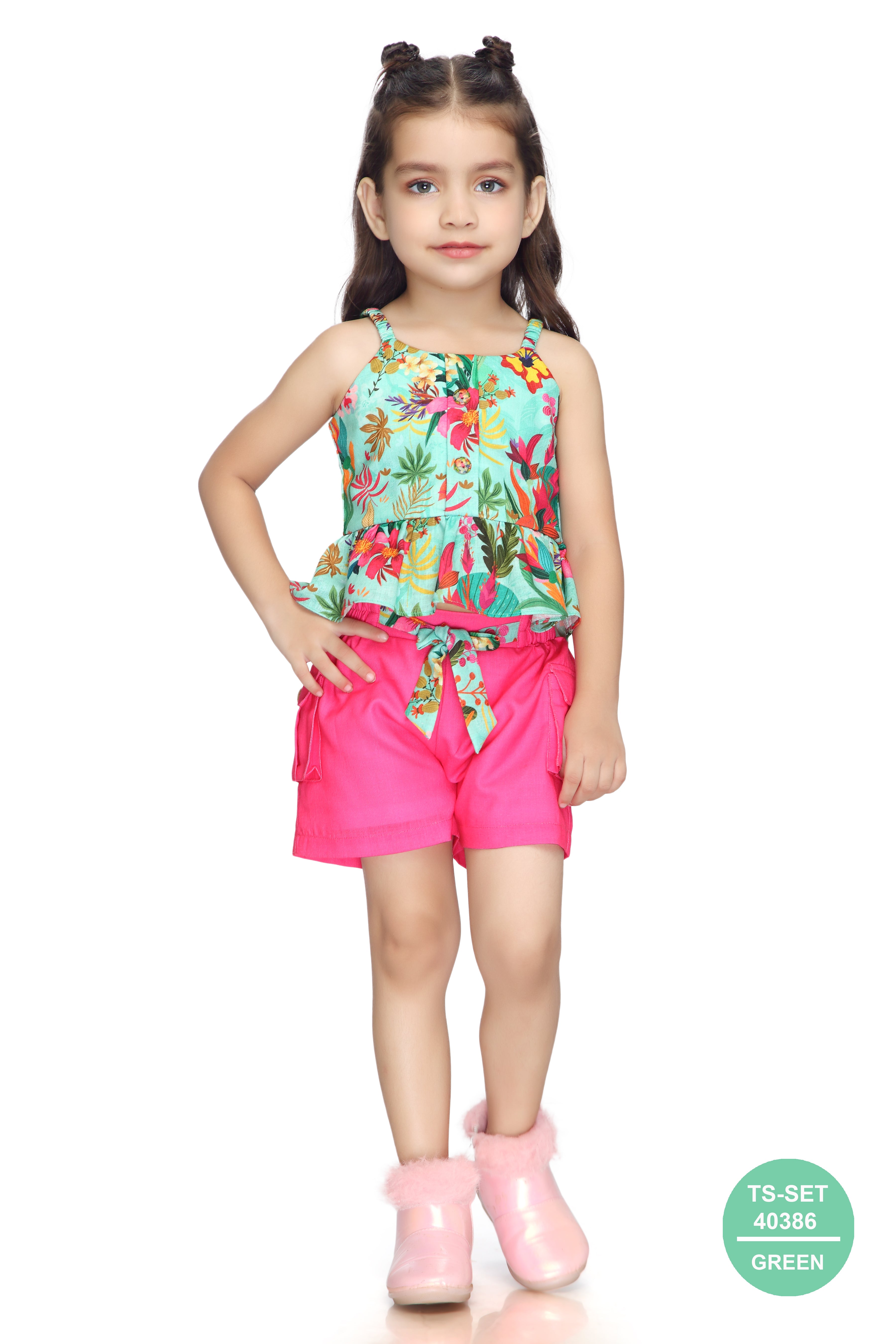 Tropical Print Top & Pink Shorts Set TSSET40386
