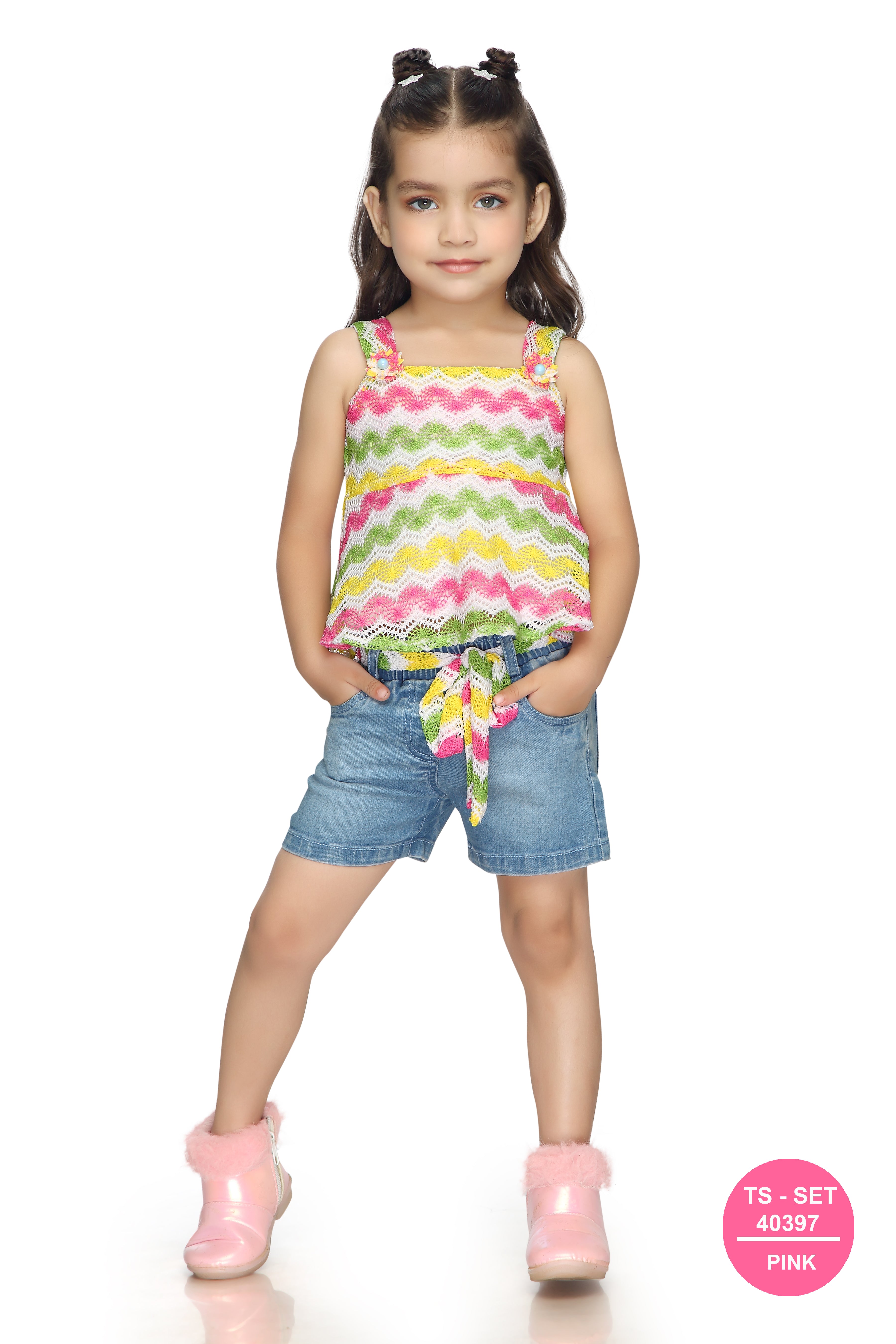 Rainbow Zigzag Top & Denim Shorts Set TSSET40397