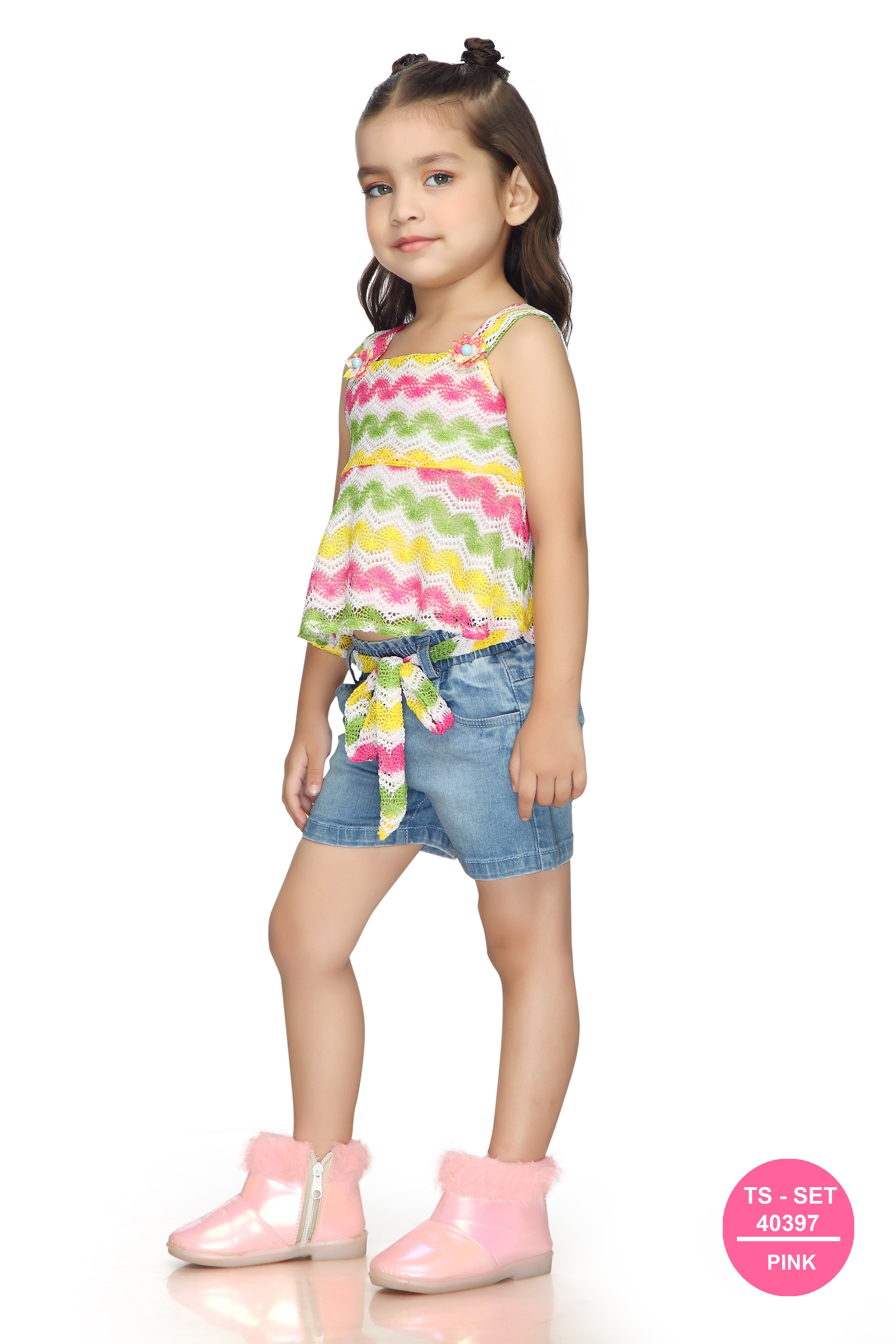 Rainbow Zigzag Top & Denim Shorts Set TSSET40397