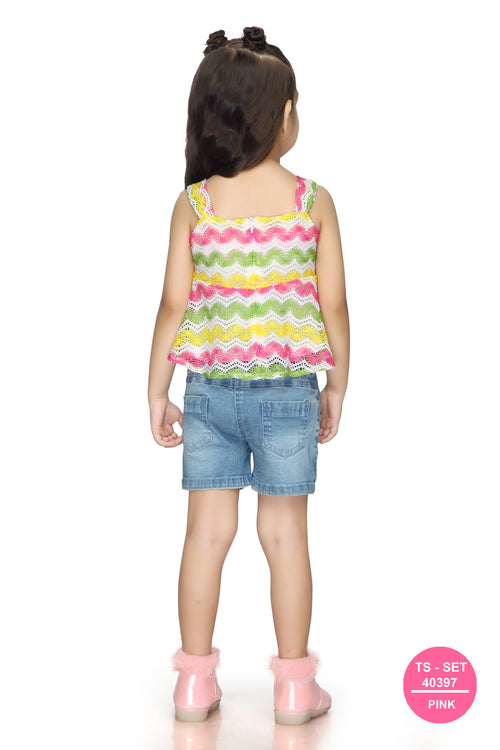 Rainbow Zigzag Top & Denim Shorts Set TSSET40397