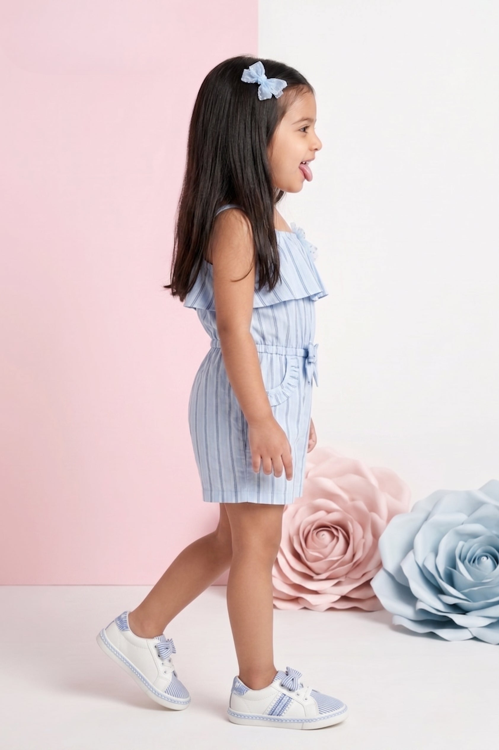 Sky Blue Stripe Ruffle Playsuit TSJP30501