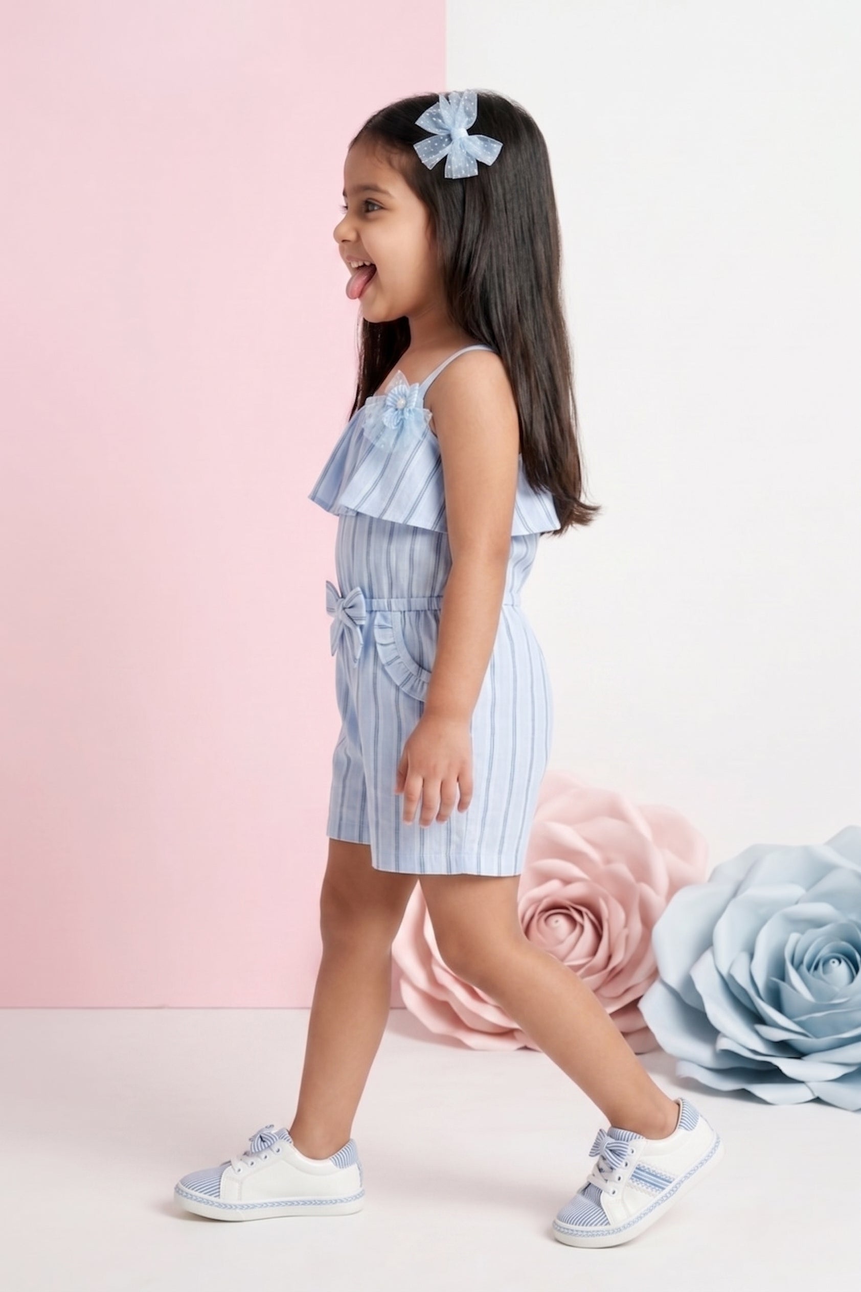Sky Blue Stripe Ruffle Playsuit TSJP30501