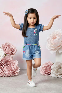 Denim Smocked Soild Playsuit Detailed with Heart TSJP30508