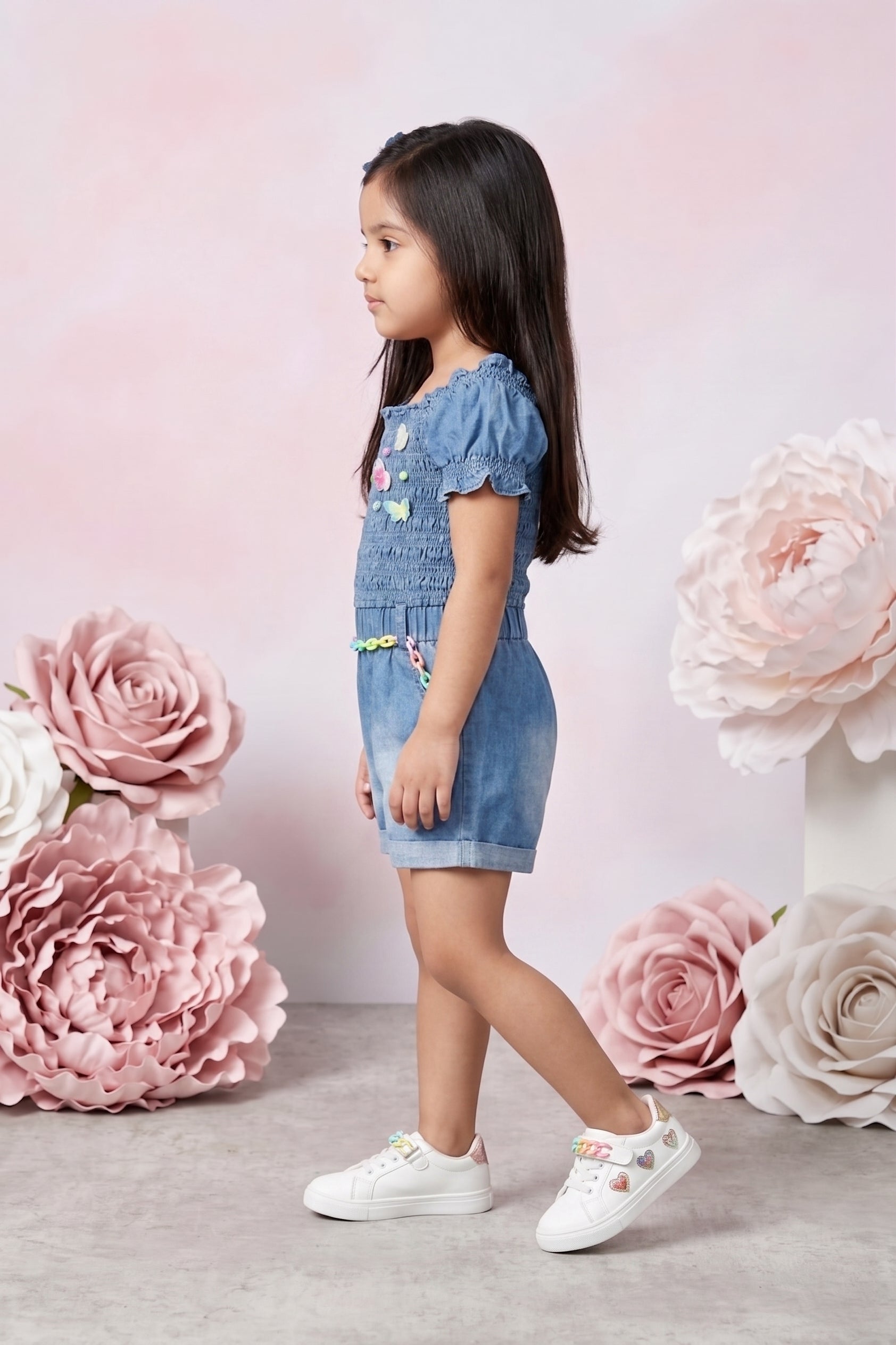 Denim Smocked Soild Playsuit Detailed with Heart TSJP30508