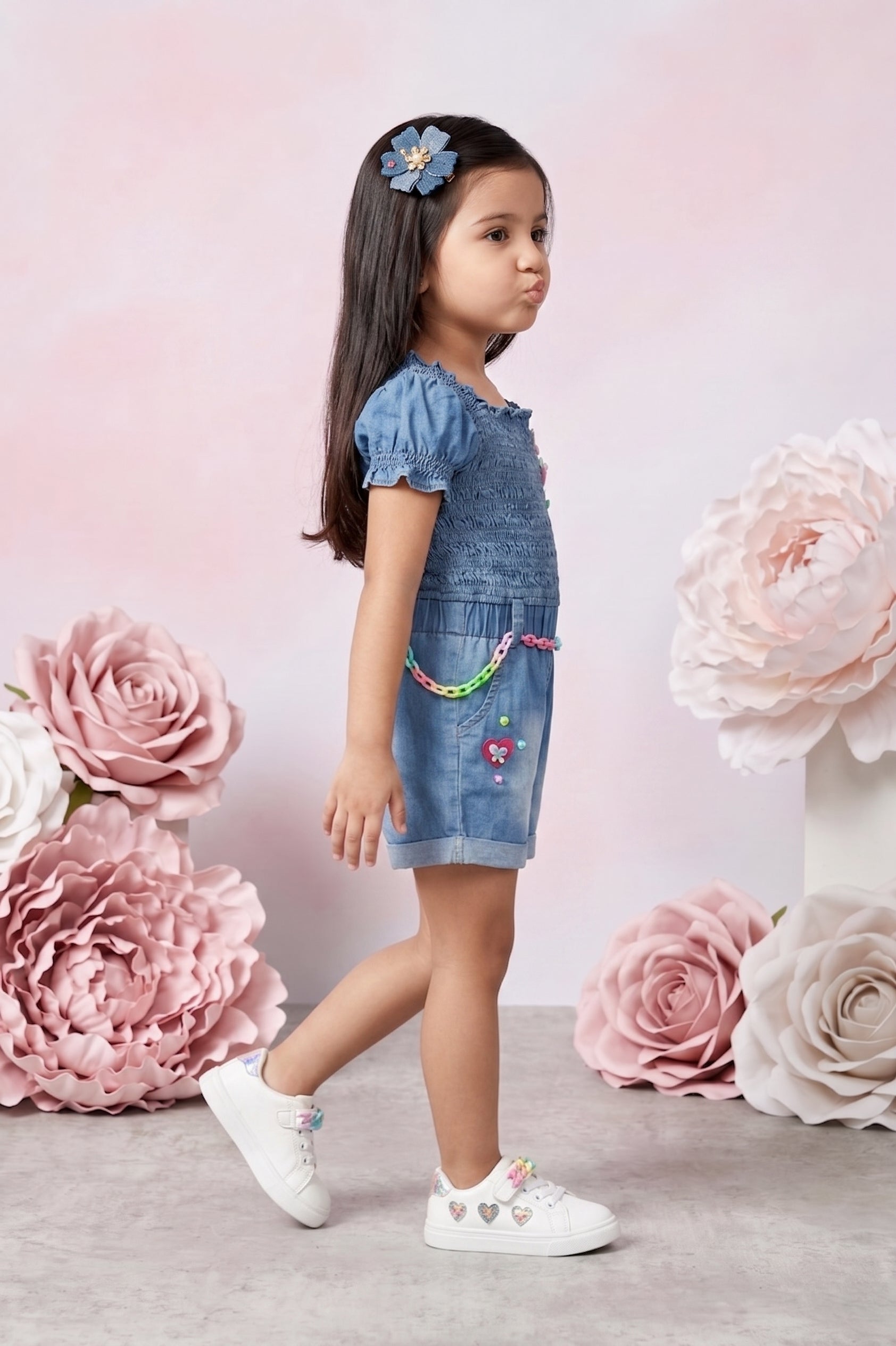 Denim Smocked Soild Playsuit Detailed with Heart TSJP30508