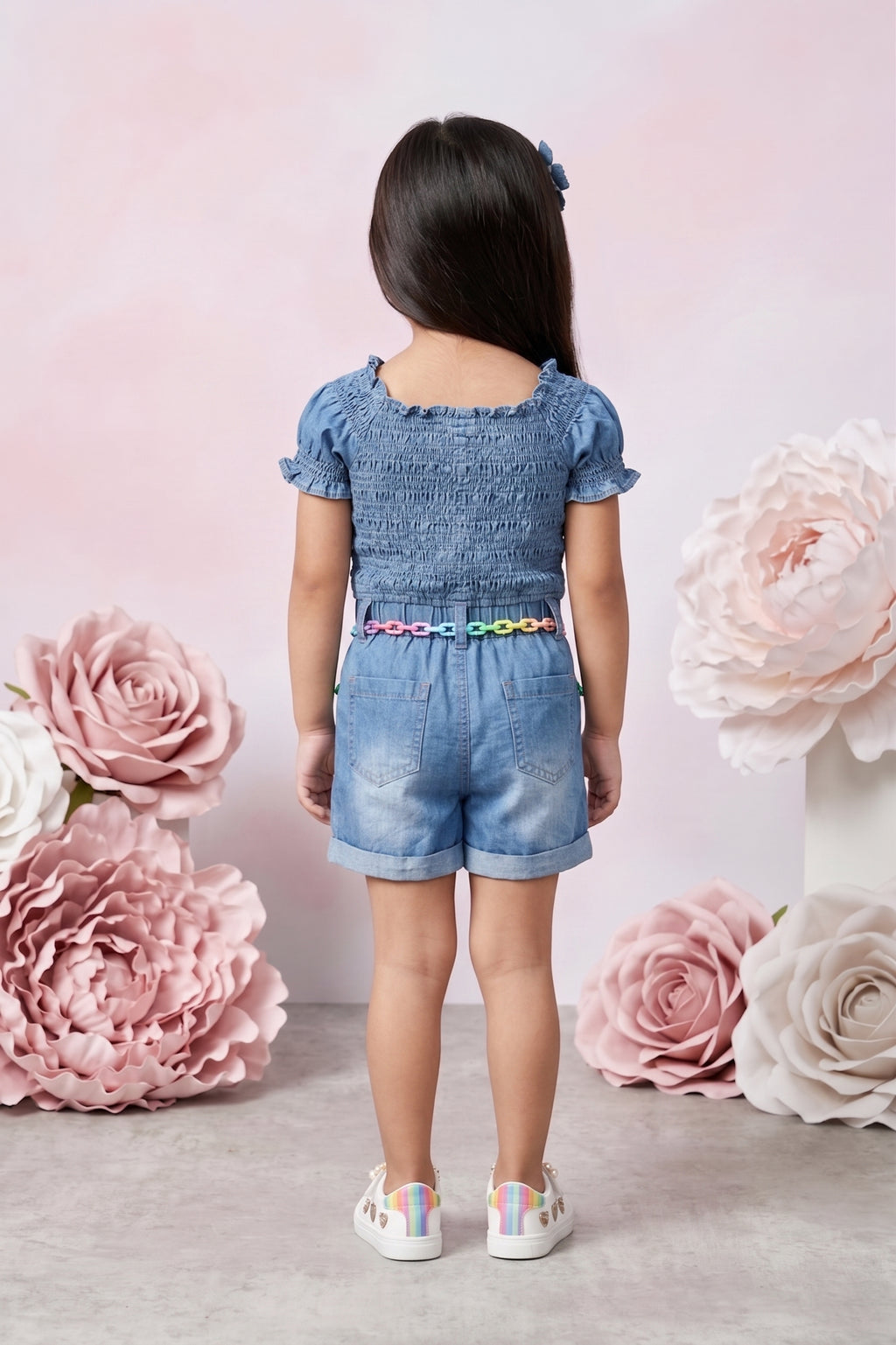 Denim Smocked Soild Playsuit Detailed with Heart TSJP30508