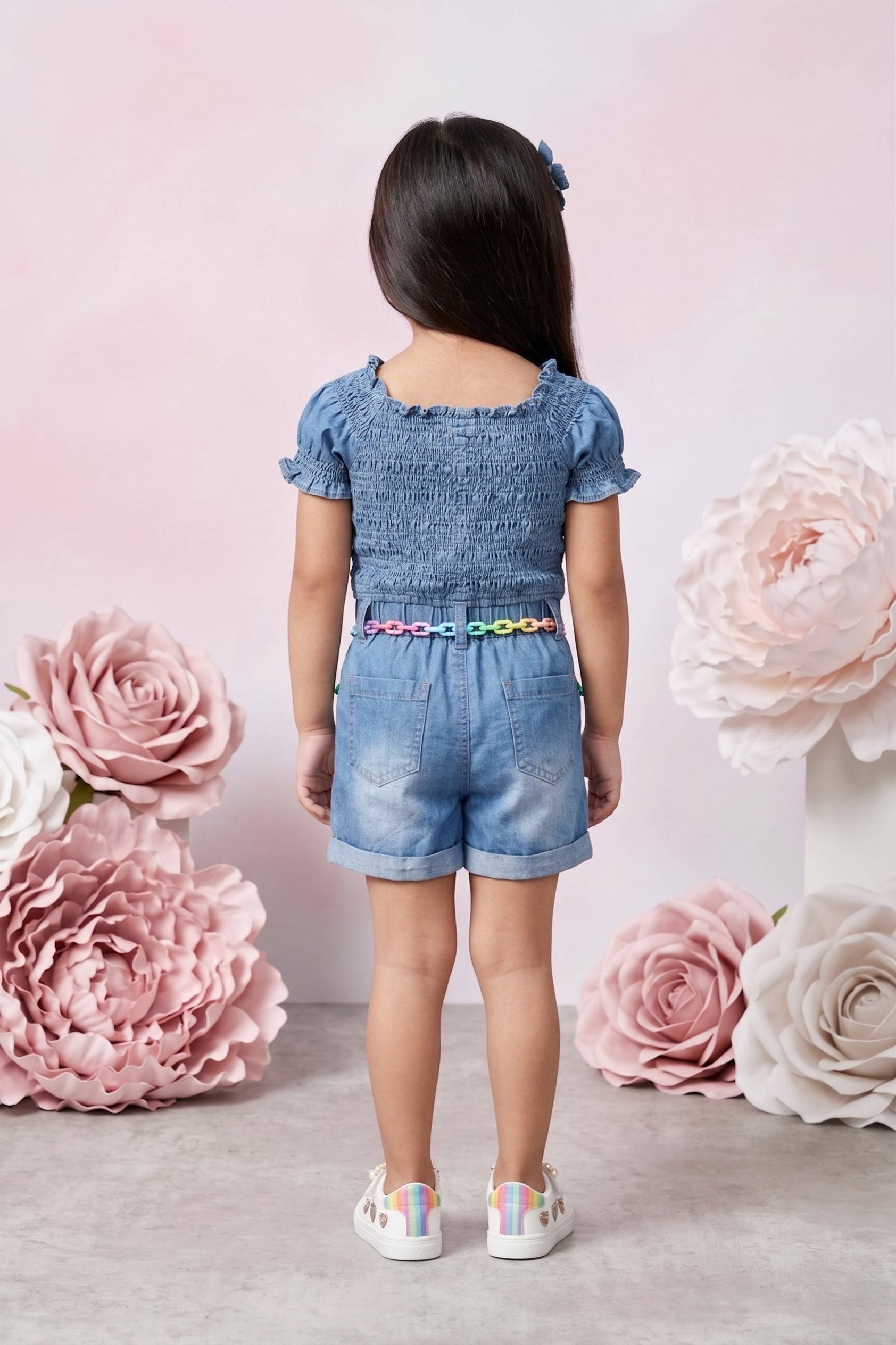Denim Smocked Soild Playsuit Detailed with Heart TSJP30508