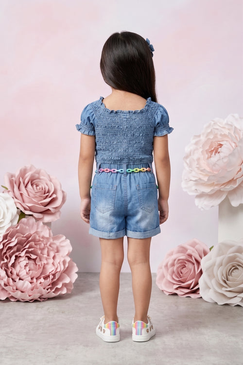Denim Smocked Soild Playsuit Detailed with Heart TSJP30508