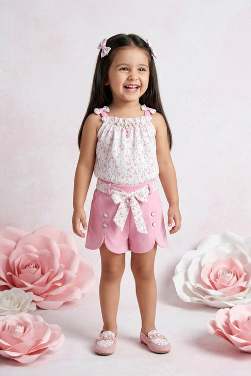 Floral Ruffle Top & Pink Button Shorts Set TSSET40205