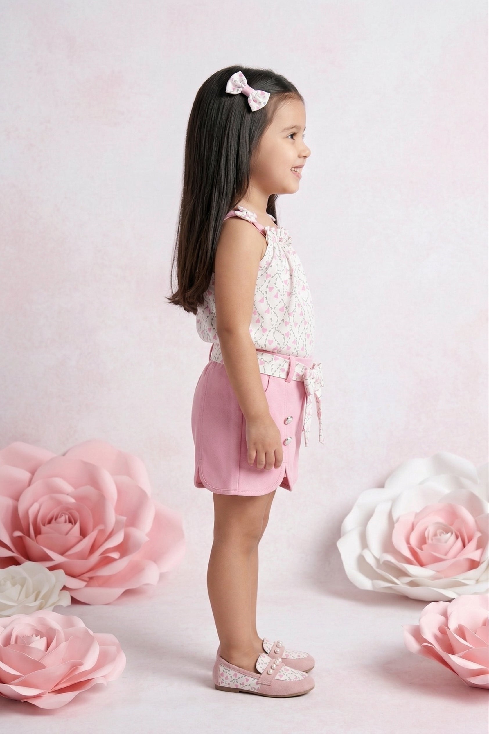 Floral Ruffle Top & Pink Button Shorts Set TSSET40205