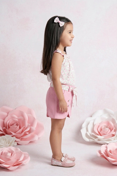 Floral Ruffle Top & Pink Button Shorts Set TSSET40205