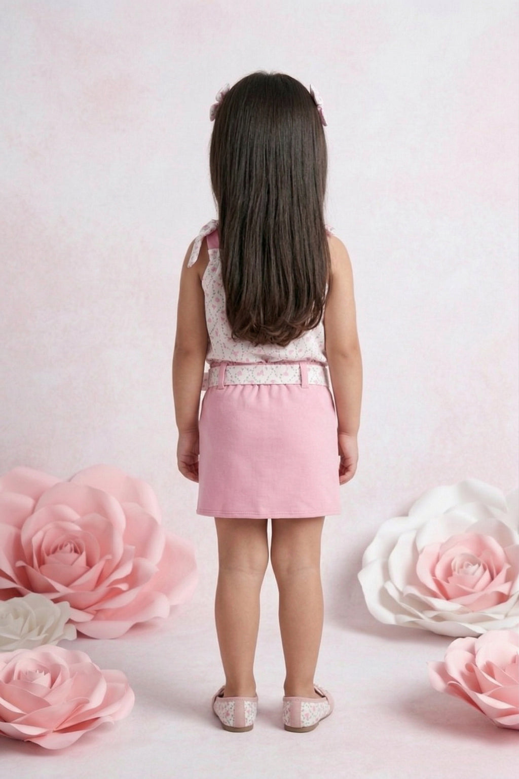 Floral Ruffle Top & Pink Button Shorts Set TSSET40205