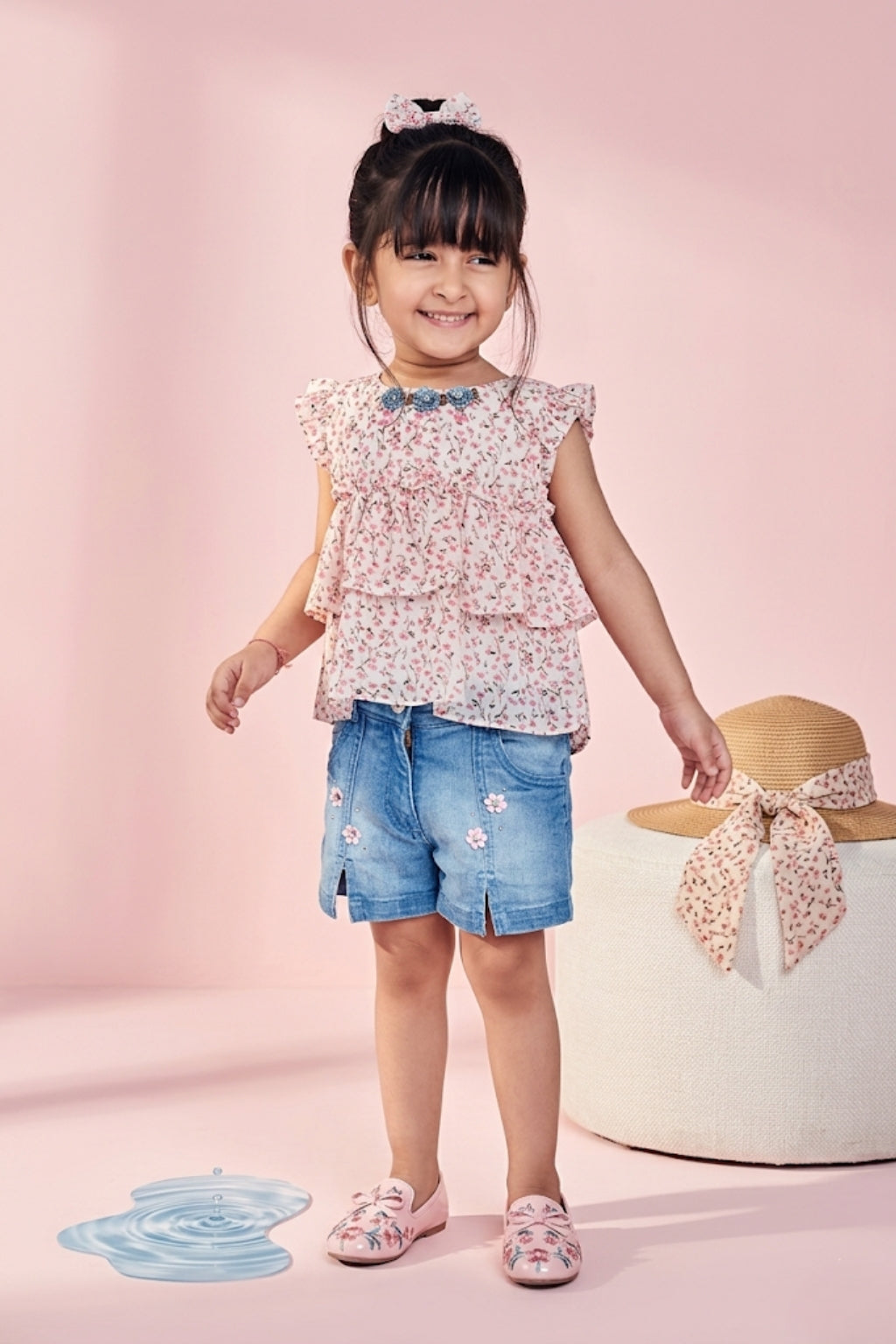 Girls Floral Ruffle Top & Denim Shorts Set TSSET40218