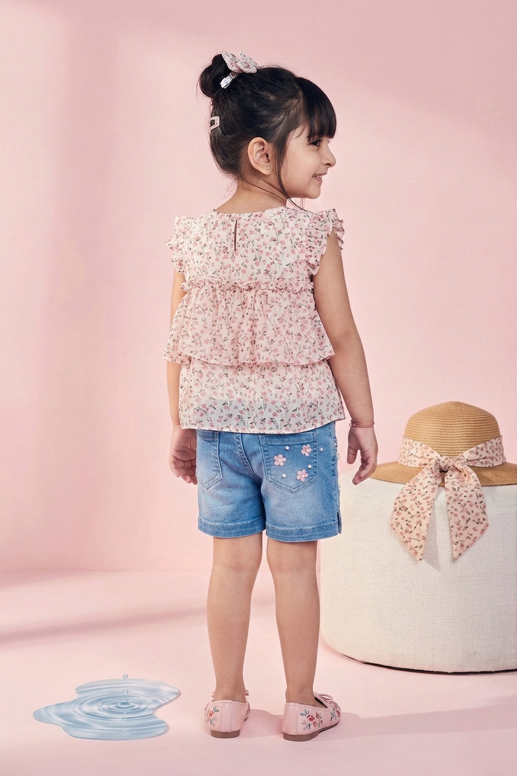 Girls Floral Ruffle Top & Denim Shorts Set TSSET40218