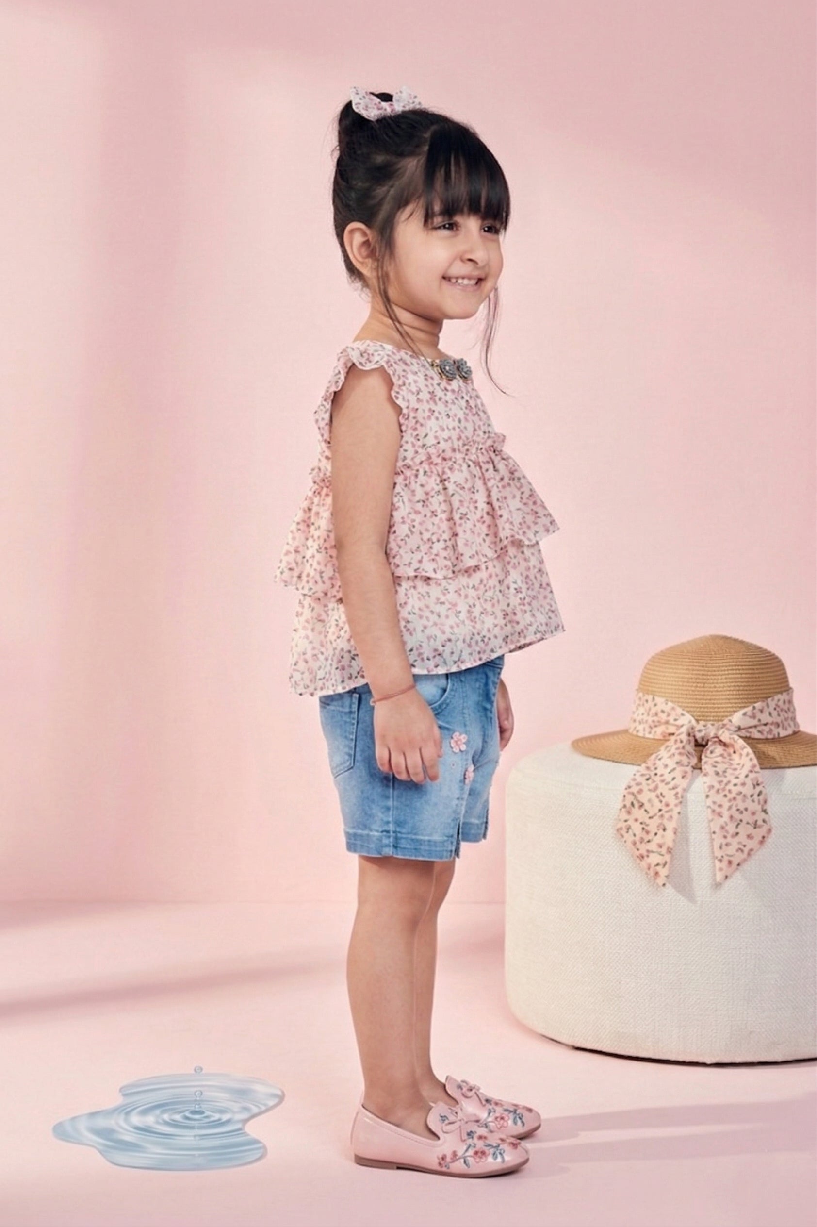 Girls Floral Ruffle Top & Denim Shorts Set TSSET40218