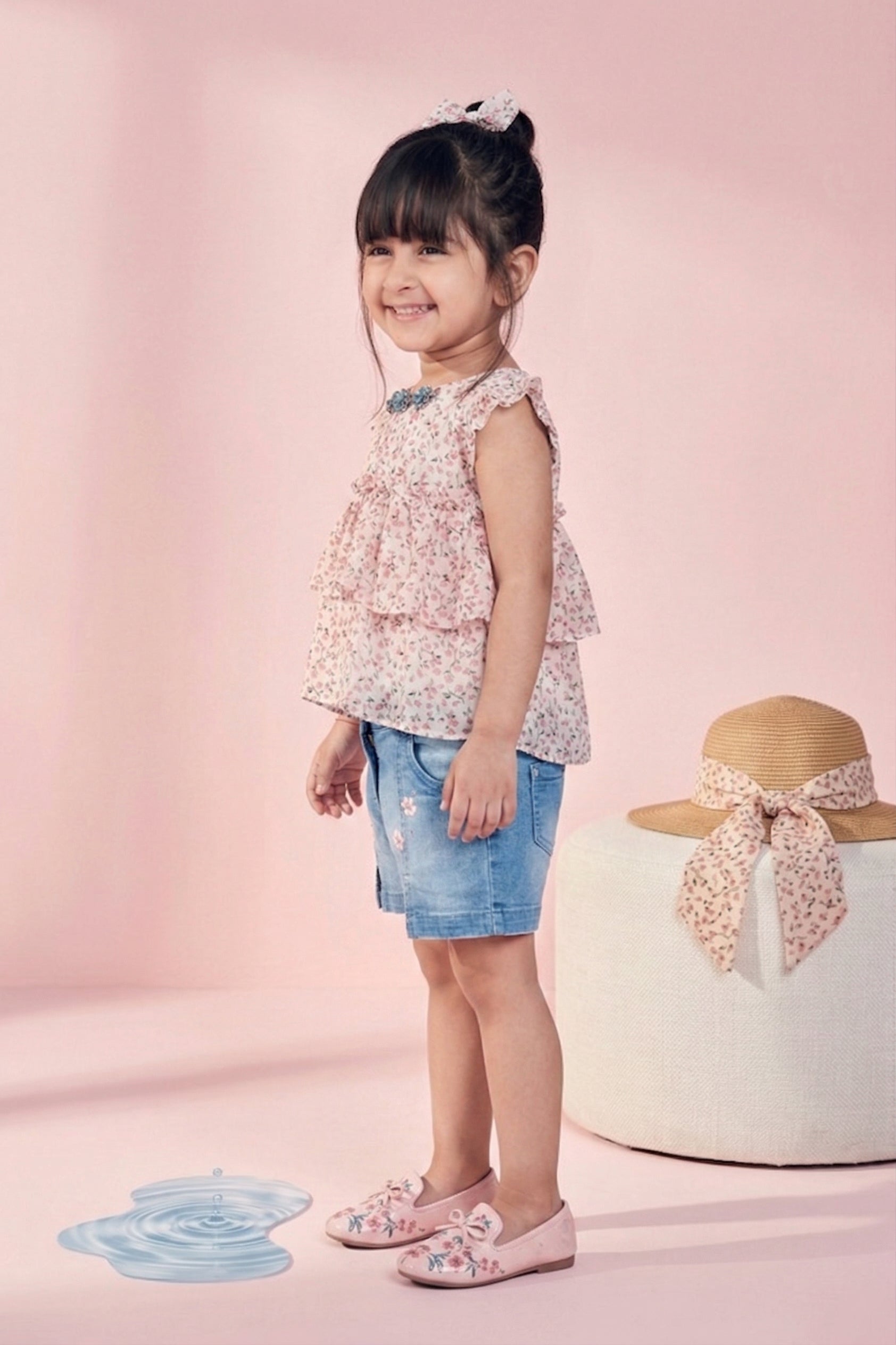 Girls Floral Ruffle Top & Denim Shorts Set TSSET40218