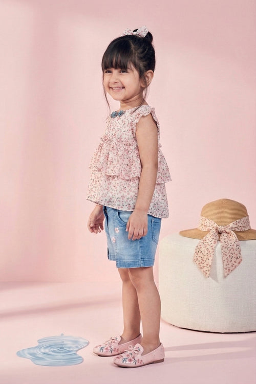 Girls Floral Ruffle Top & Denim Shorts Set TSSET40218