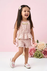 Cream Floral Peplum Top & Ruffle Shorts Set TSSET40225