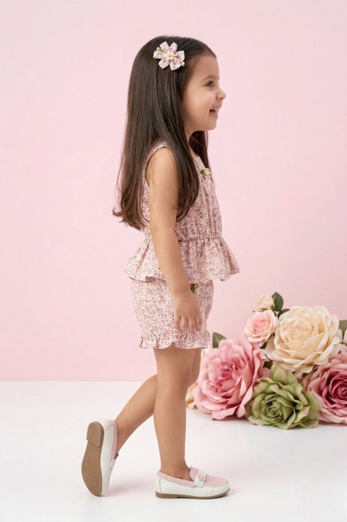 Cream Floral Peplum Top & Ruffle Shorts Set TSSET40225