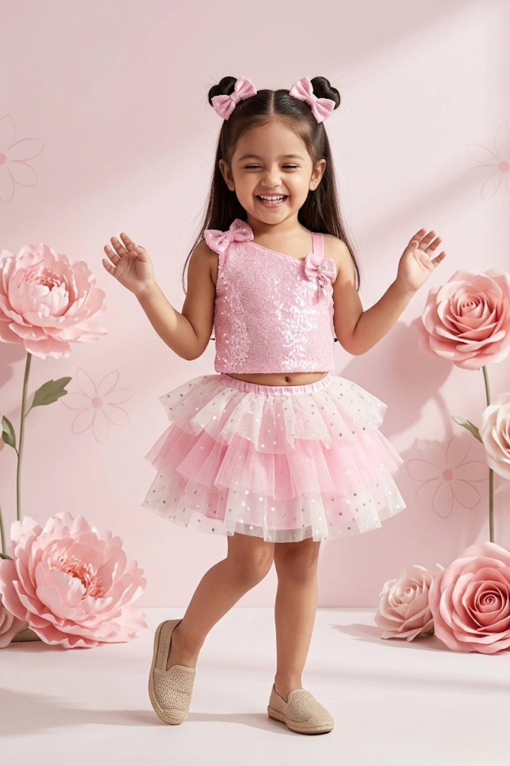 Pink Sequin Bodice Tulle Party Top & Skirt Set TSSET40229