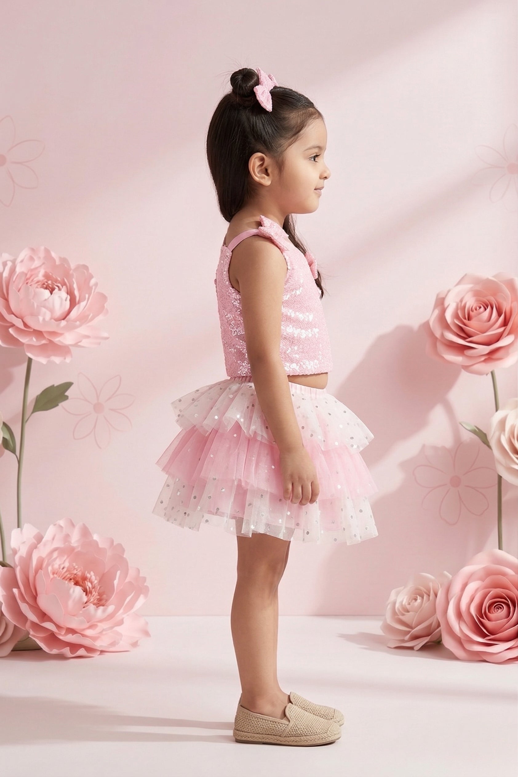 Pink Sequin Bodice Tulle Party Top & Skirt Set TSSET40229