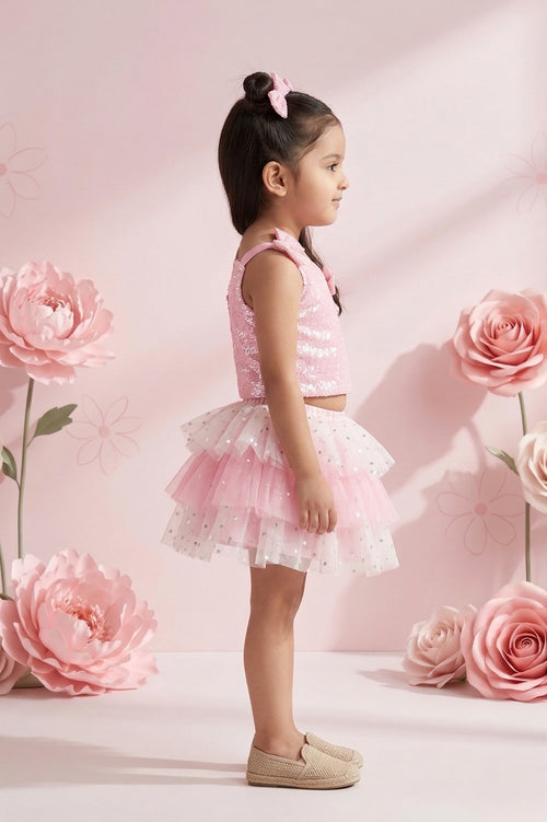 Pink Sequin Bodice Tulle Party Top & Skirt Set TSSET40229