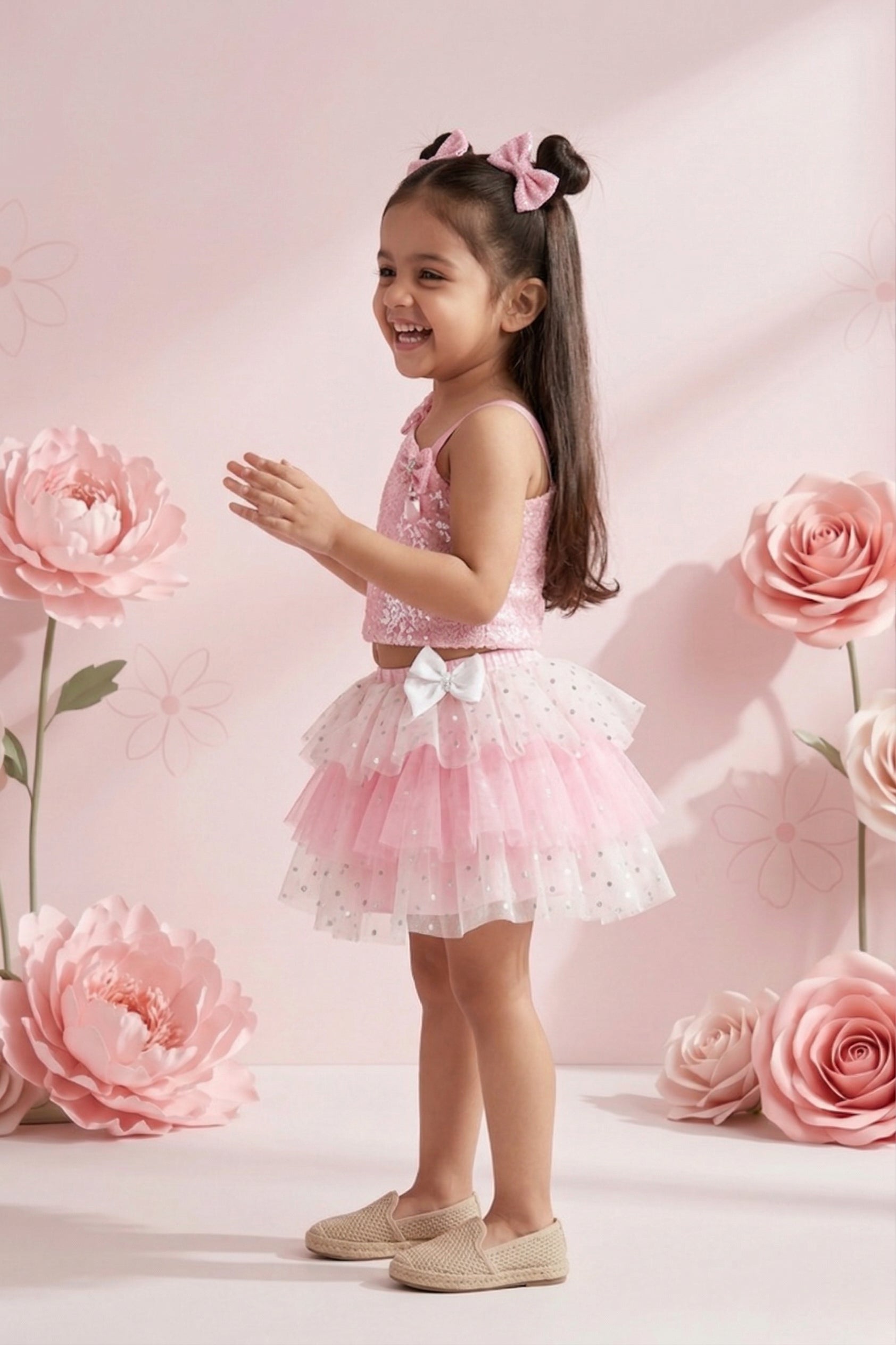 Pink Sequin Bodice Tulle Party Top & Skirt Set TSSET40229