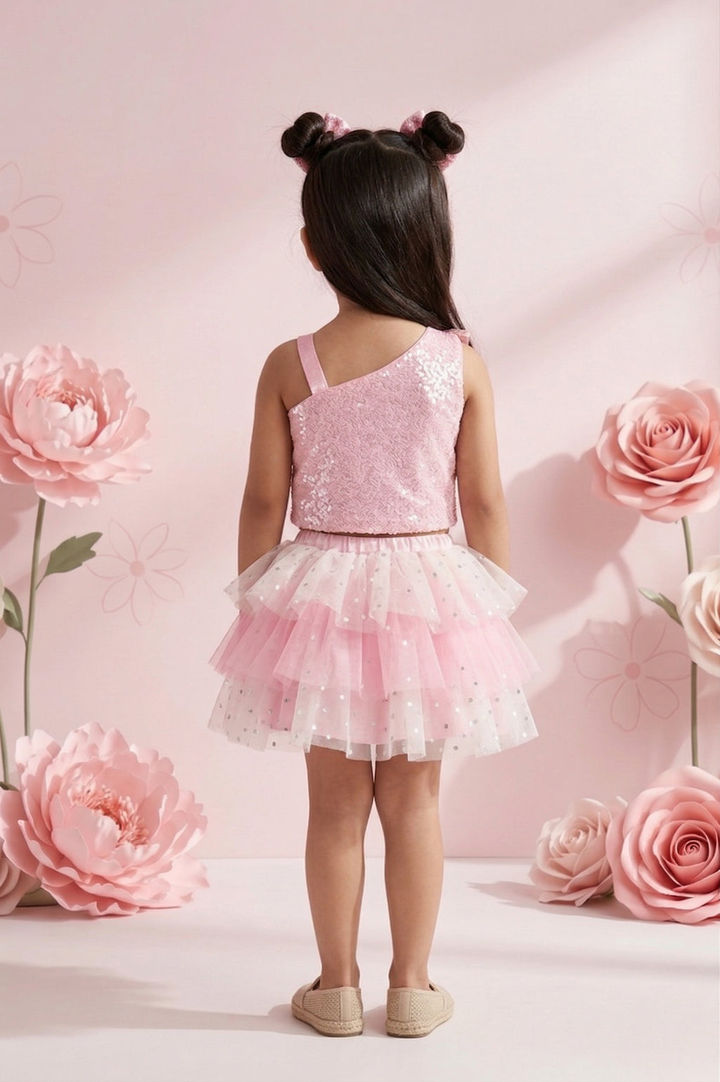 Pink Sequin Bodice Tulle Party Top & Skirt Set TSSET40229