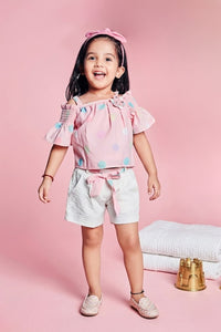 Pink Polka Dot Printed Top & White Textured Shorts Set TSSET40234