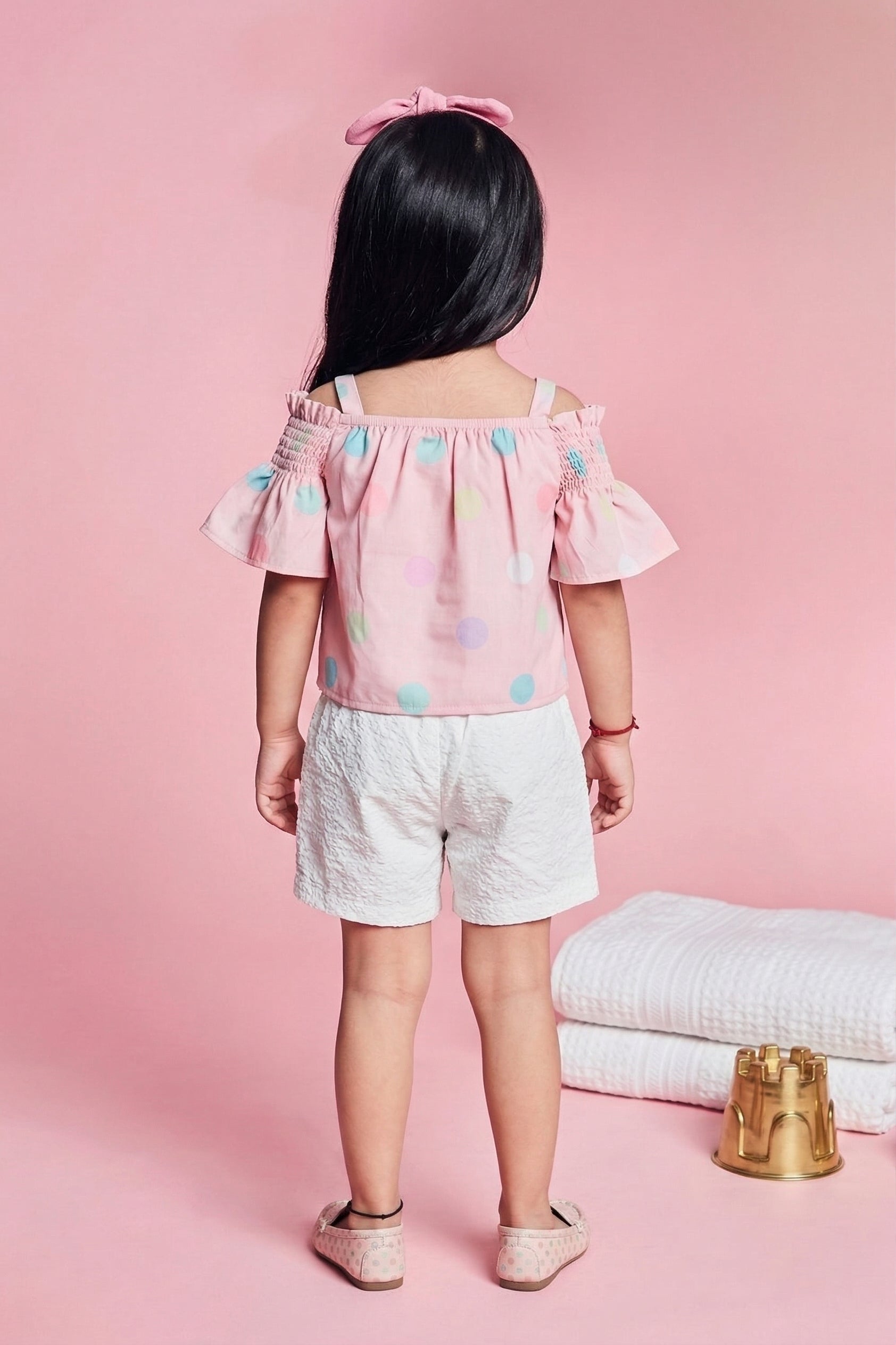 Pink Polka Dot Printed Top & White Textured Shorts Set TSSET40234