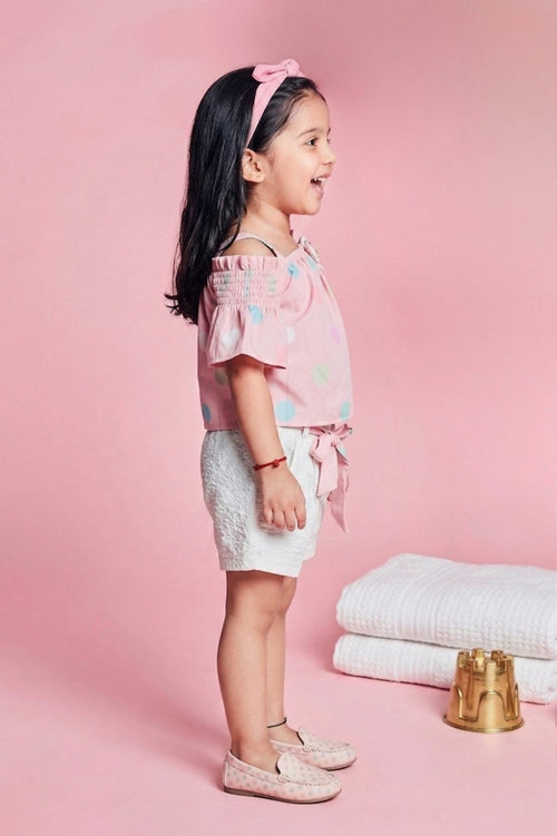 Pink Polka Dot Printed Top & White Textured Shorts Set TSSET40234