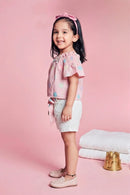 Pink Polka Dot Printed Top & White Textured Shorts Set TSSET40234