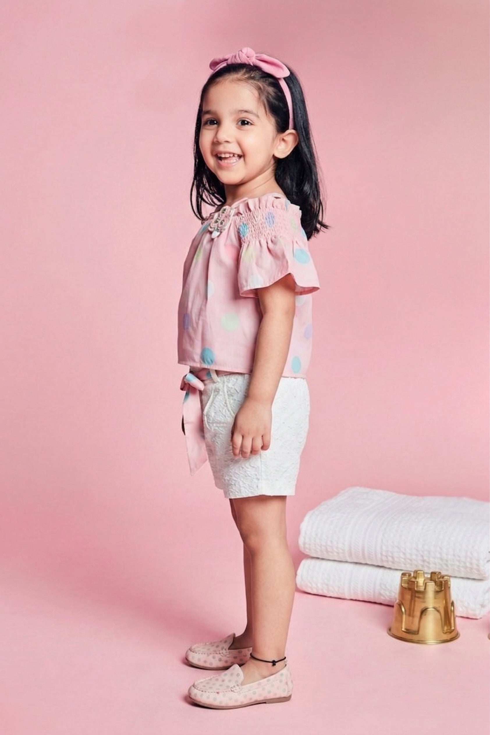 Pink Polka Dot Printed Top & White Textured Shorts Set TSSET40234