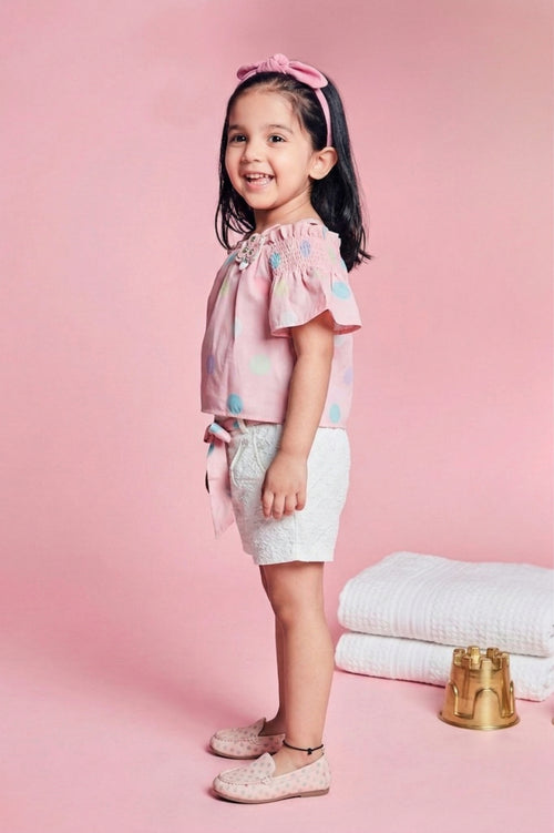 Pink Polka Dot Printed Top & White Textured Shorts Set TSSET40234