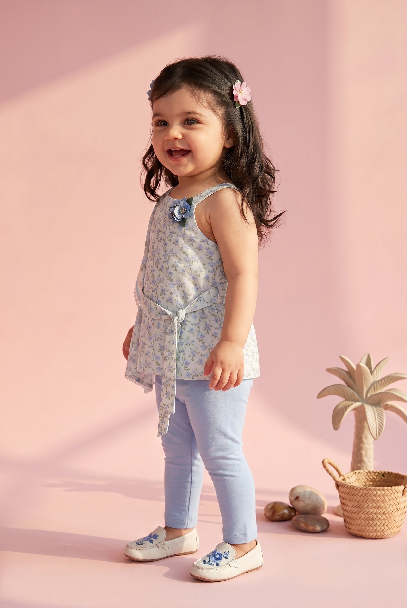 Girls Light Blue Floral Top & Capri Set TSSET40236