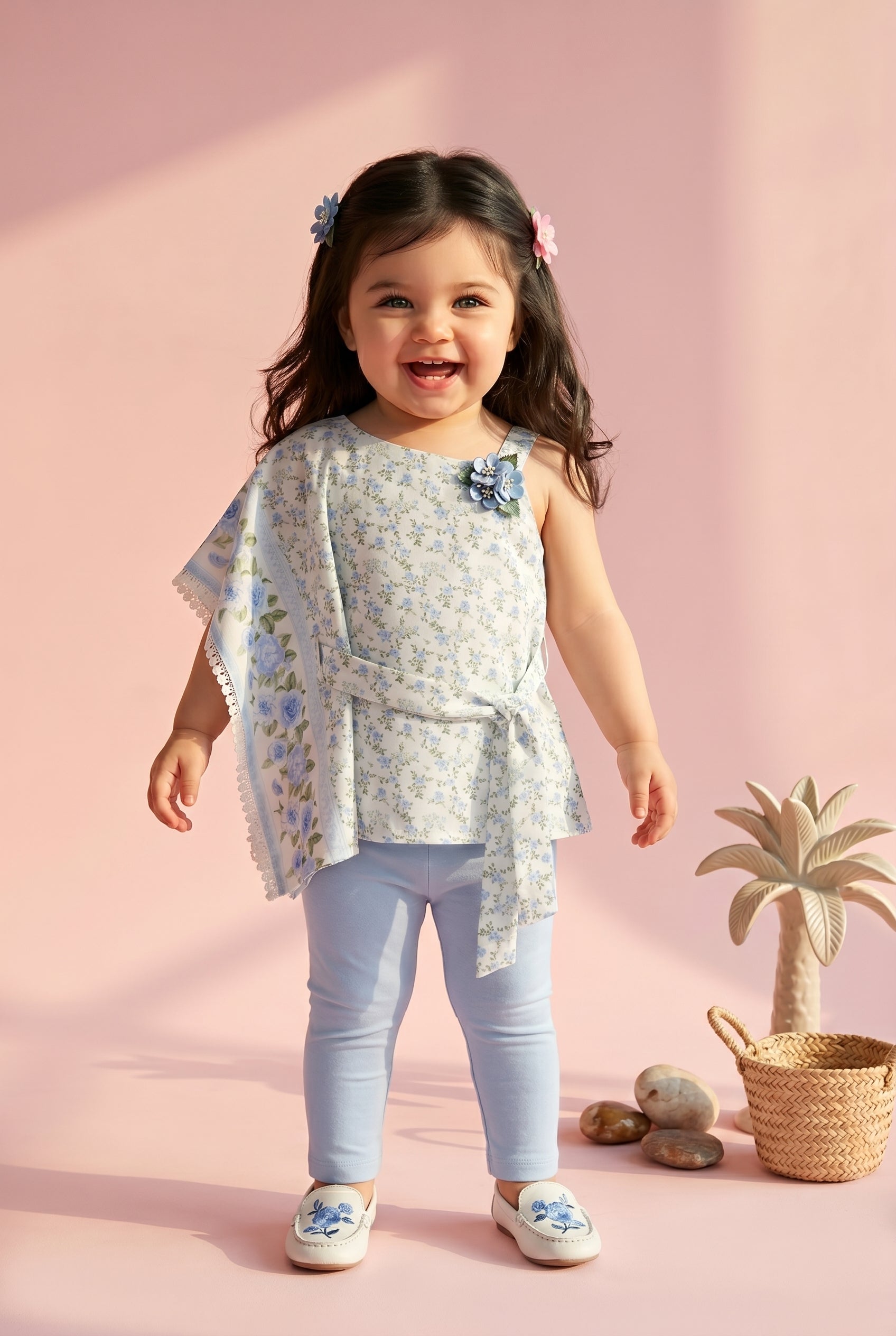 Girls Light Blue Floral Top & Capri Set TSSET40236