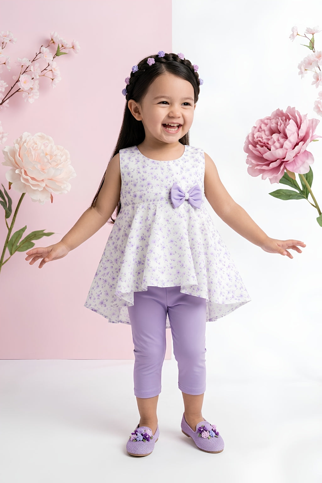 Lavender Floral Layered Top & Capri Pants Set TSSET40242