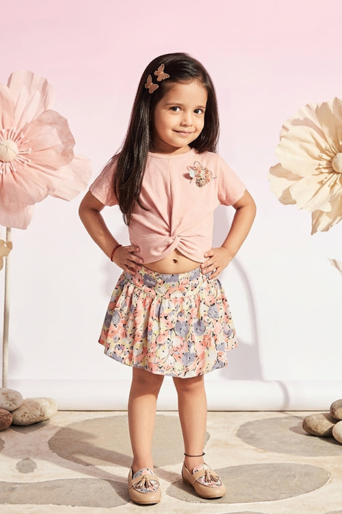 Peach Knot Top & Floral Skirt Set TSSET40244