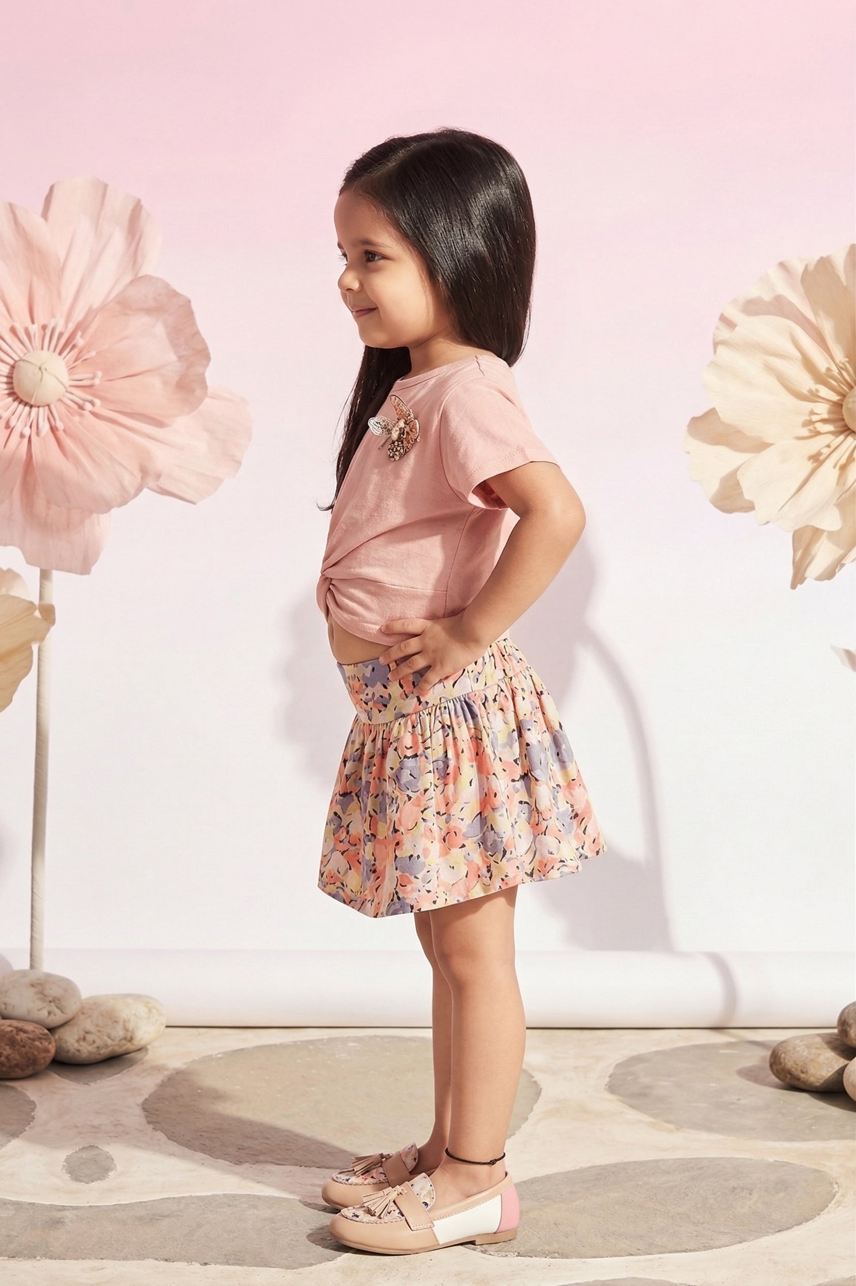 Peach Knot Top & Floral Skirt Set TSSET40244