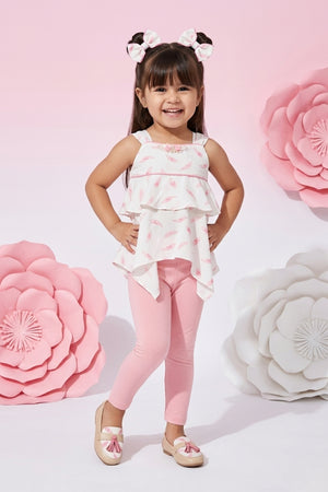 Feather Print Layered Top & Pink Capri Set TSSET40245