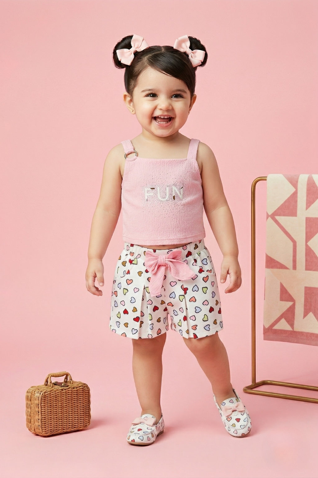 Pink “FUN” Top & Heart Print Shorts Set TSSET40249