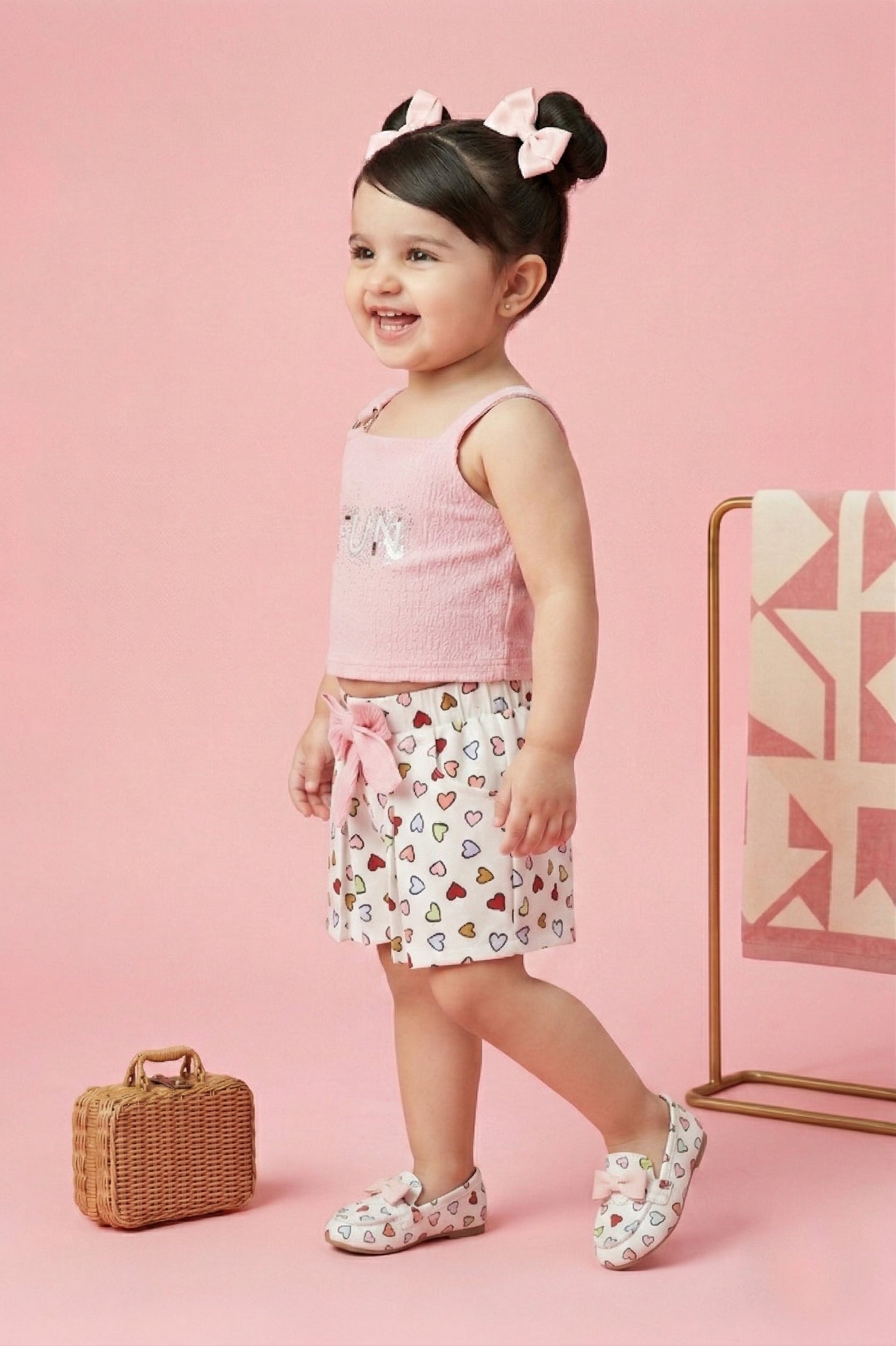 Pink Top & Heart Print Shorts Set TSSET40249