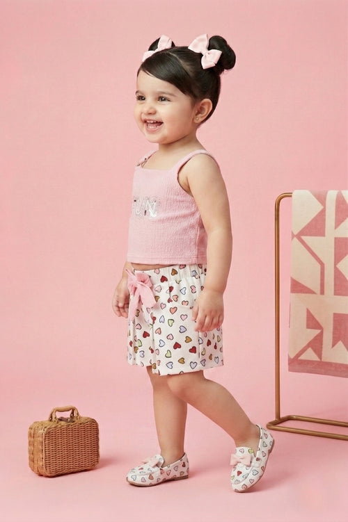Pink Top & Heart Print Shorts Set TSSET40249