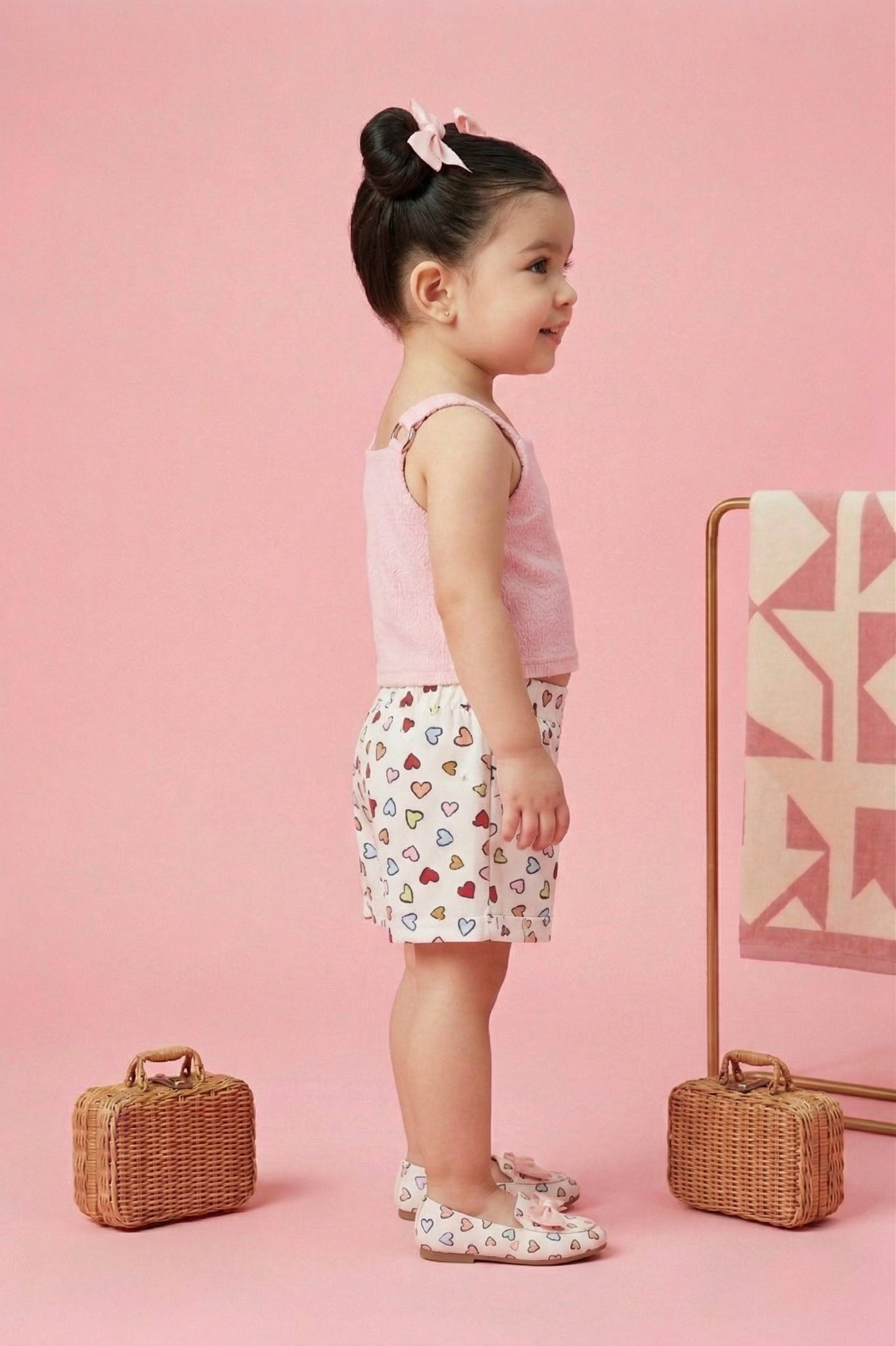 Pink Top & Heart Print Shorts Set TSSET40249