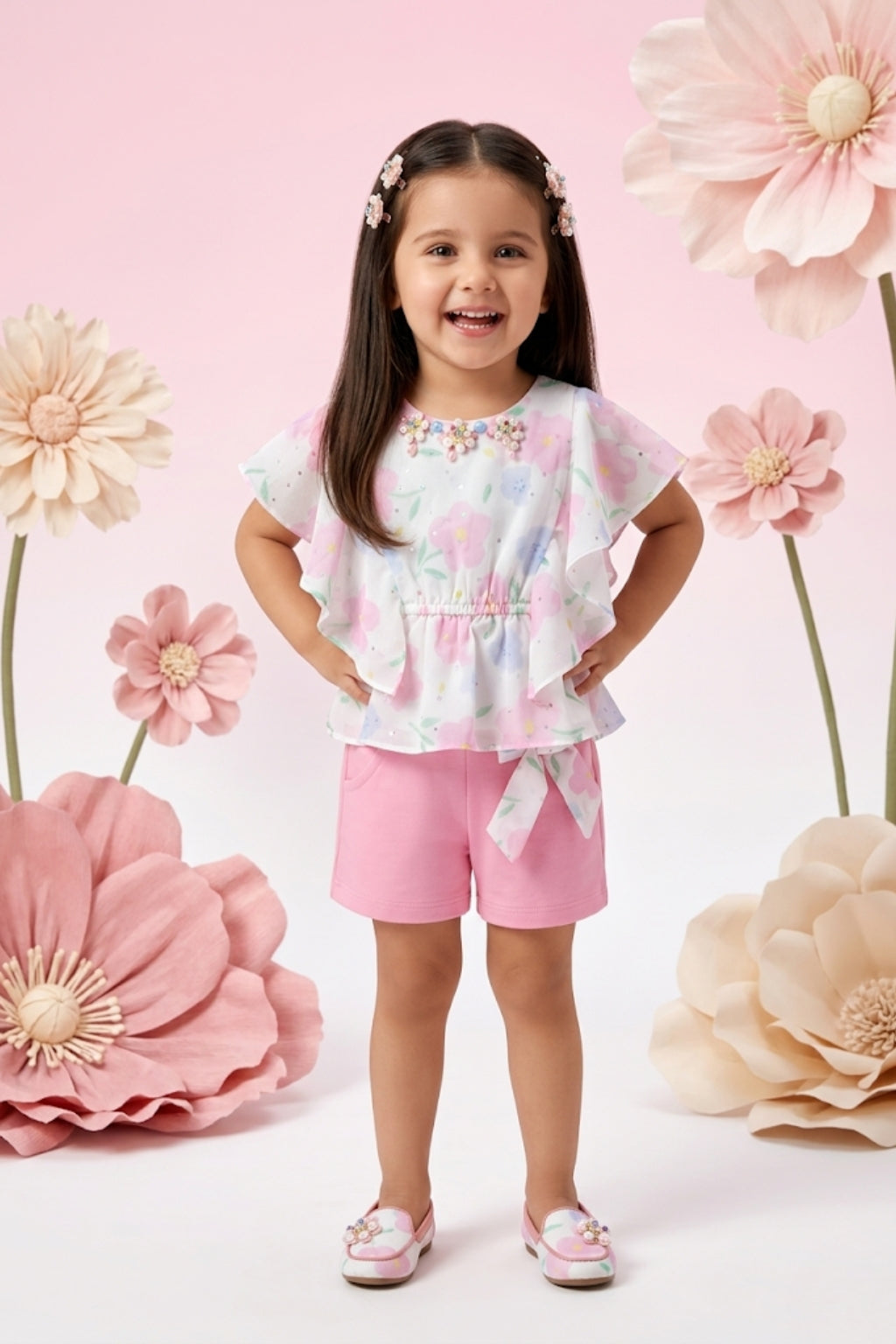 Pastel Print Cape Top & Pink Shorts Set TSSET40254