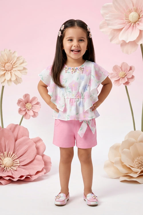 Pastel Print Cape Top & Pink Shorts Set TSSET40254