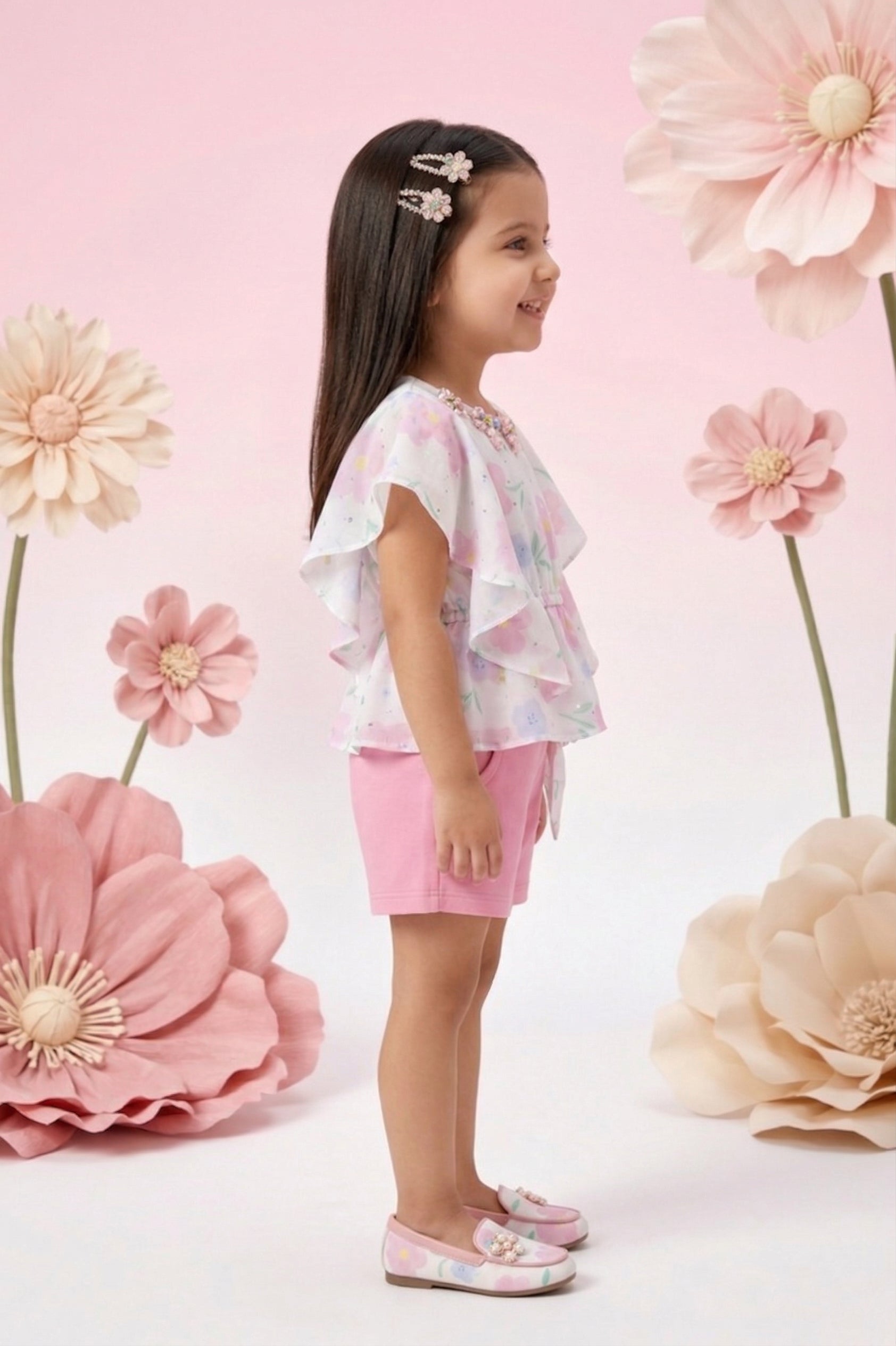 Pastel Print Cape Top & Pink Shorts Set TSSET40254