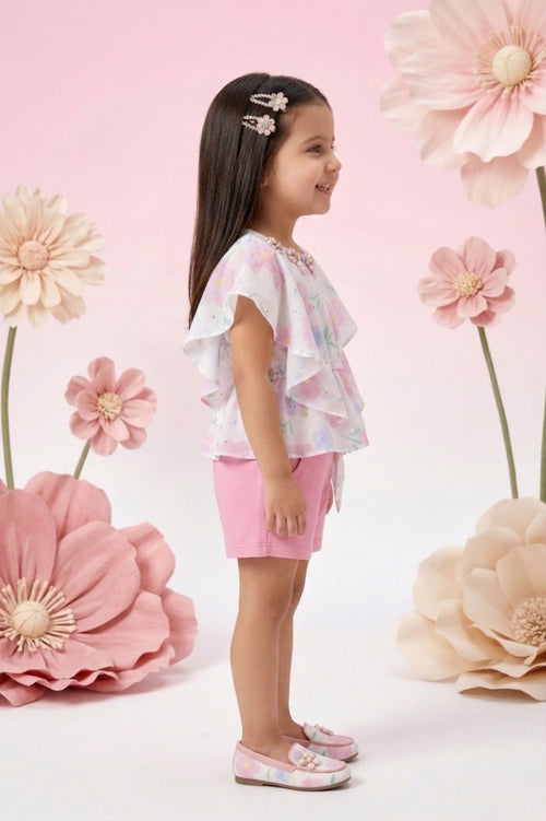 Pastel Print Cape Top & Pink Shorts Set TSSET40254