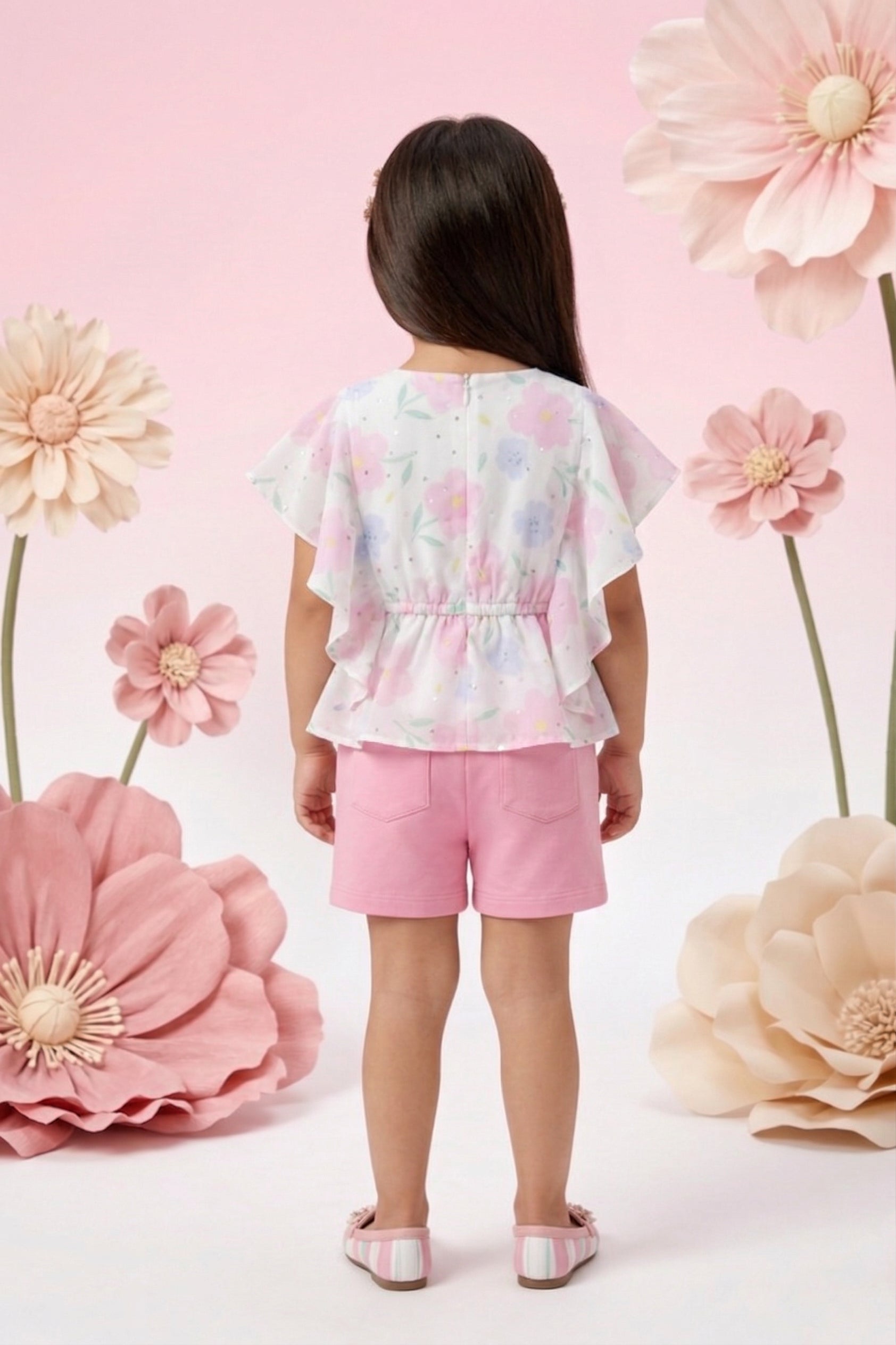 Pastel Print Cape Top & Pink Shorts Set TSSET40254