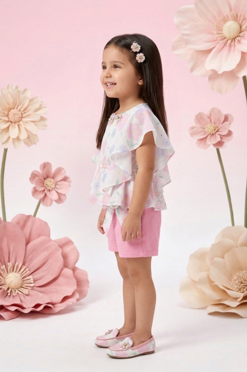 Pastel Print Cape Top & Pink Shorts Set TSSET40254